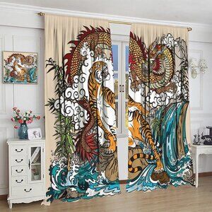 Chinese Dragon & Tiger in The Waterfall Landscape Window Curtain
